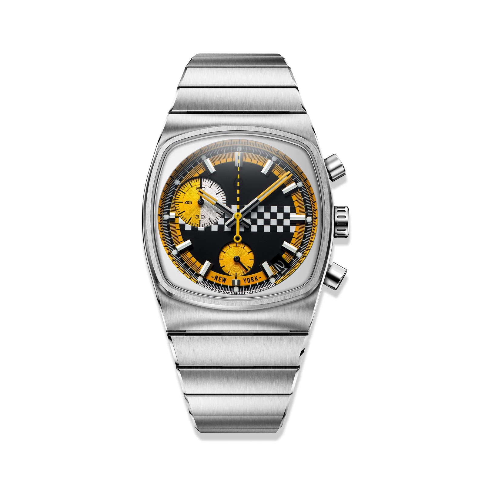 Brew Metric Chrono Taxi face-on with yellow subdials, a checkerboard stripe and steel bracelet