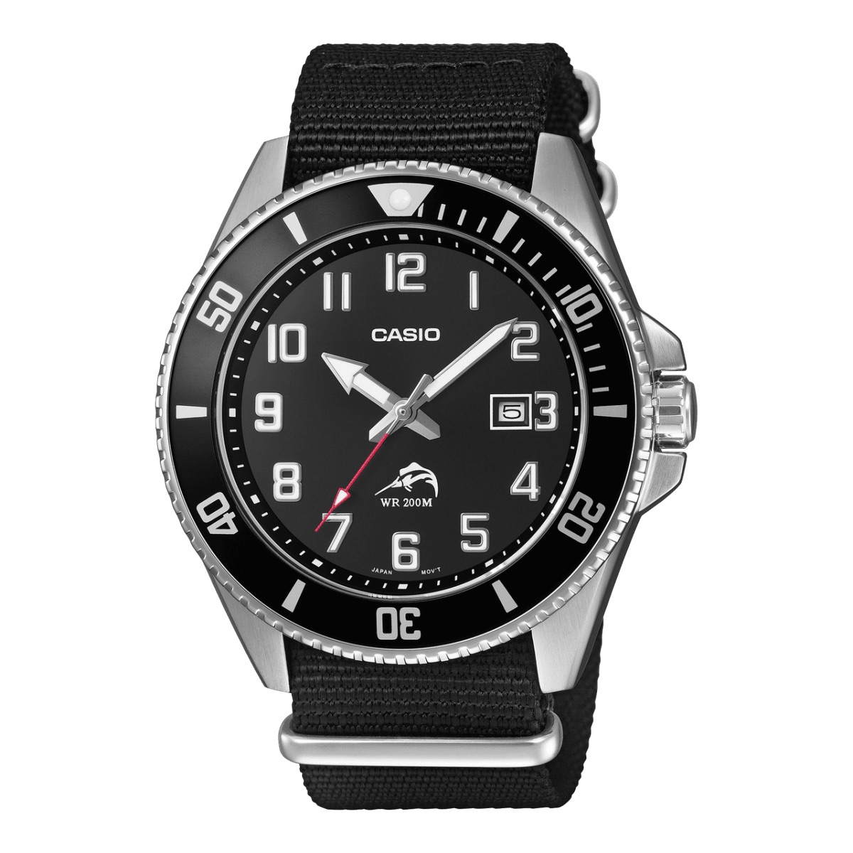 Black Casio Duro MDV106C-1AV with Arabic numerals, a red seconds hand and black cloth strap against white