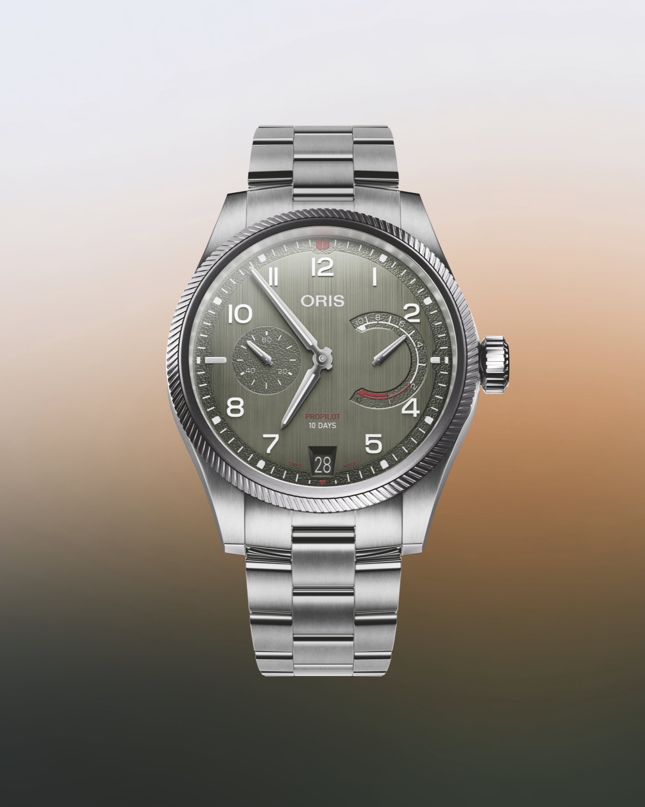 Pine-green Oris ProPilot Calibre 111 on its steel bracelet, face-on