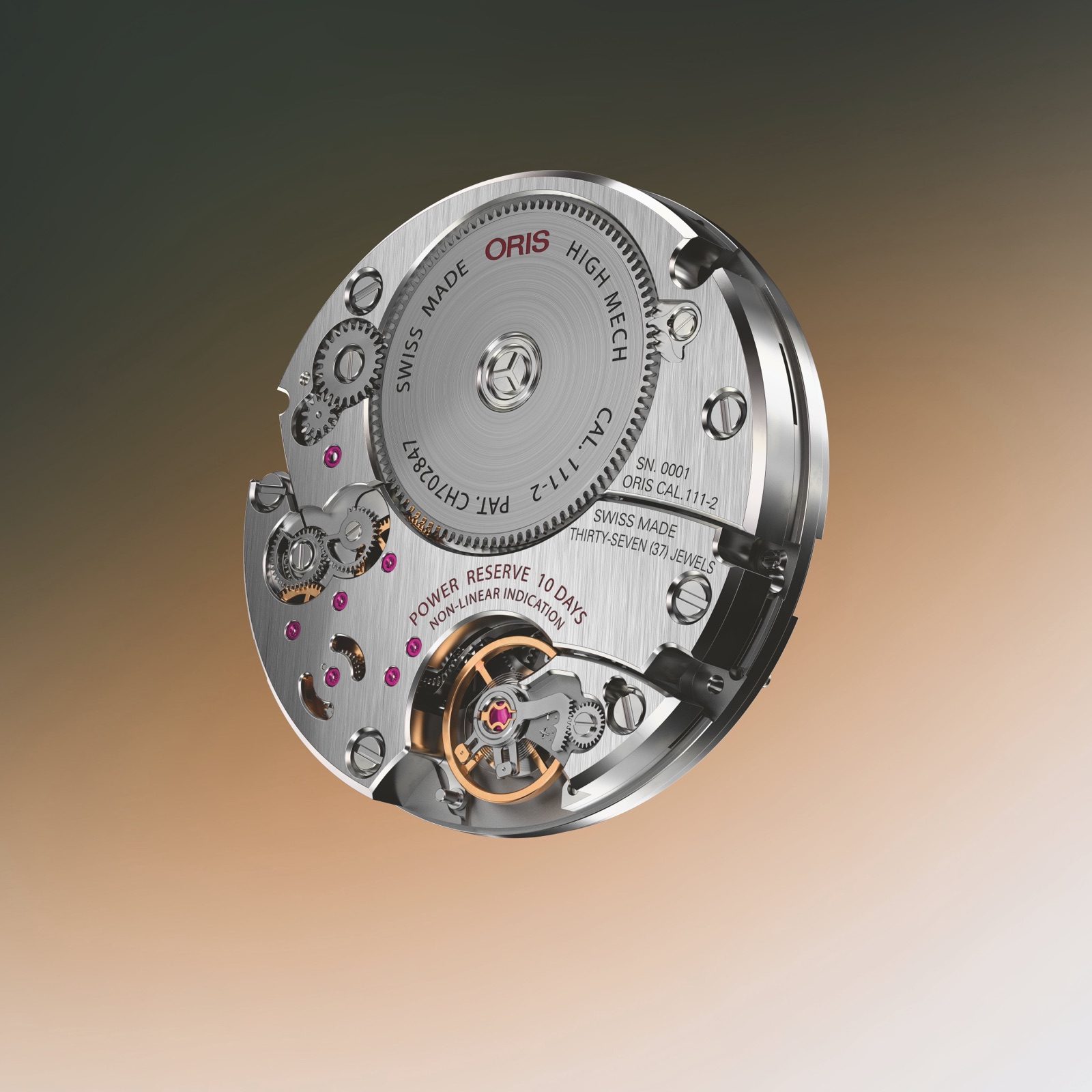 Oris hand-wound Calibre 111 movement photographed outside its case