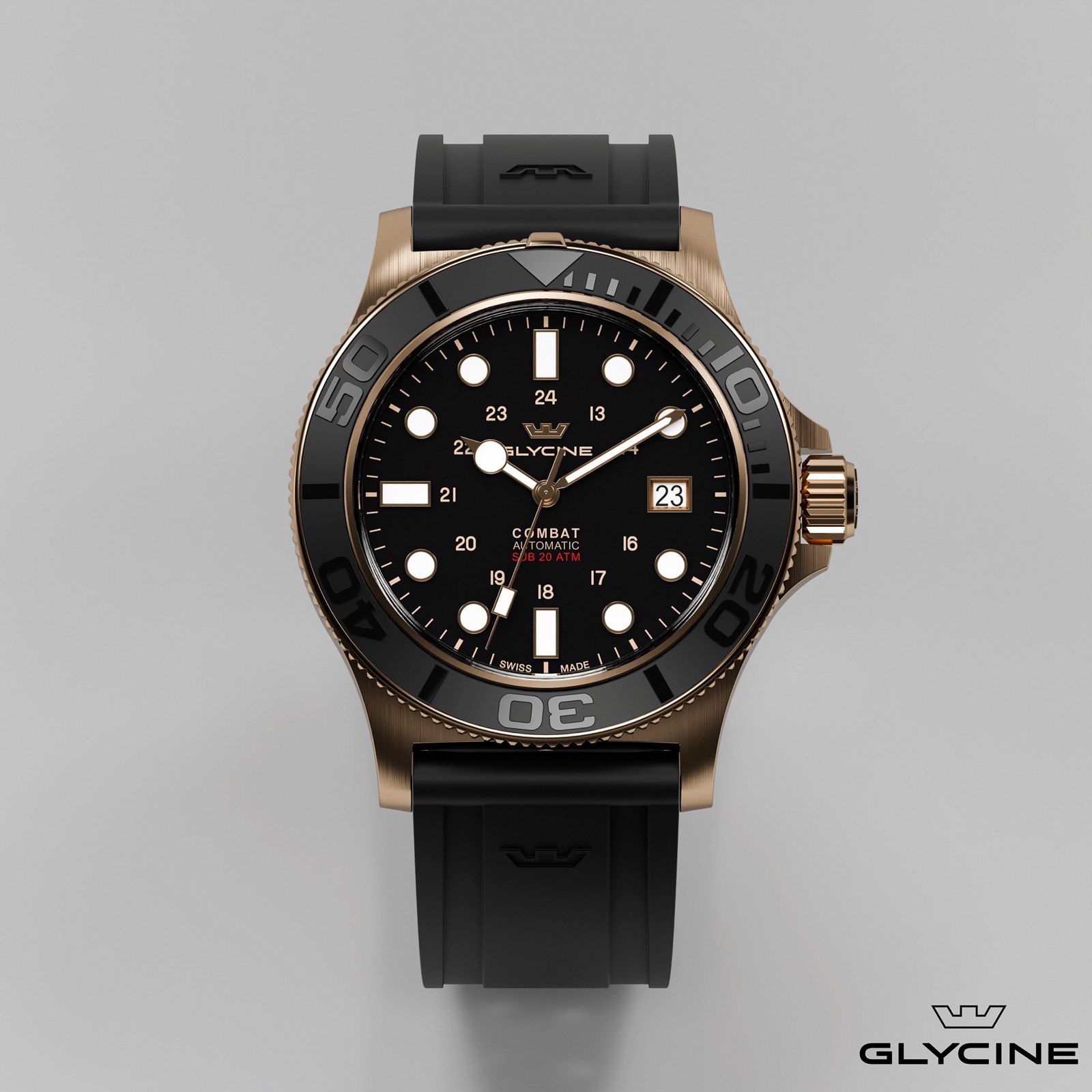 Black Glycine Combat Sub 42 Bronze Ceramic with matching black strap, official Glycine announcement image