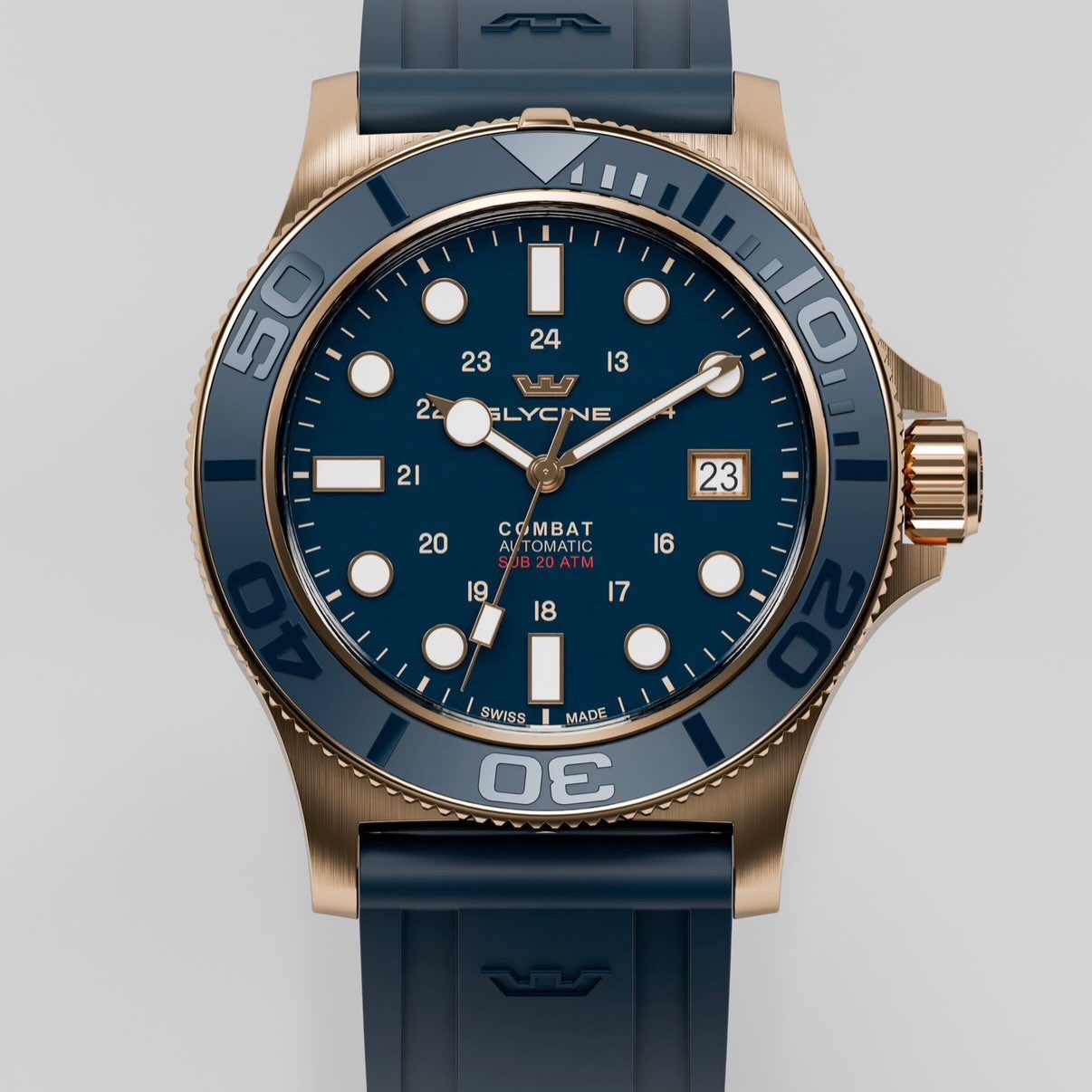 Blue Glycine Combat Sub 42 Bronze Ceramic with matching blue strap, official Glycine announcement image