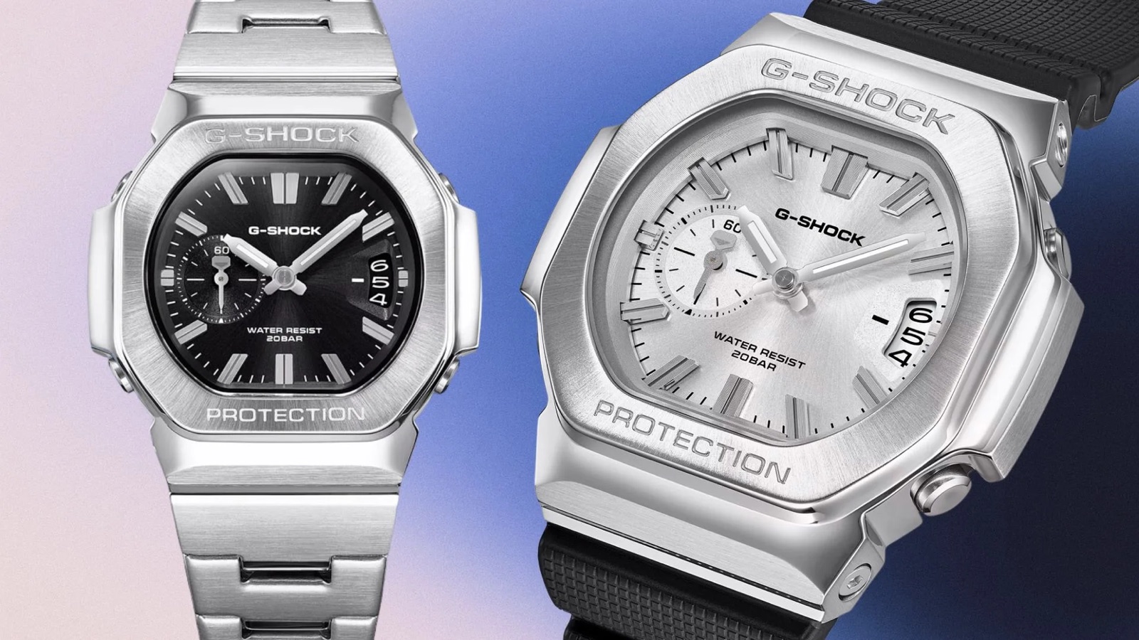 Clear prerelease views of the G-Shock 2500 black-dial bracelet version and silver-dial resin-strap version