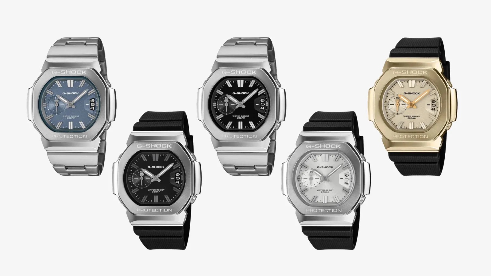 Prerelease metal-bezel G-Shock 2500 lineup with bracelet and resin-strap variants