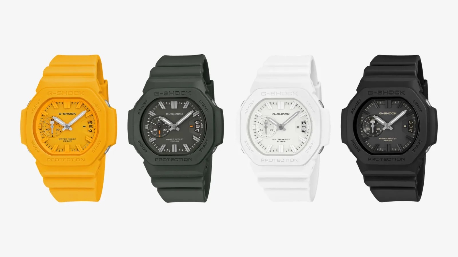 Prerelease resin G-Shock 2500 lineup in yellow, green, white and black