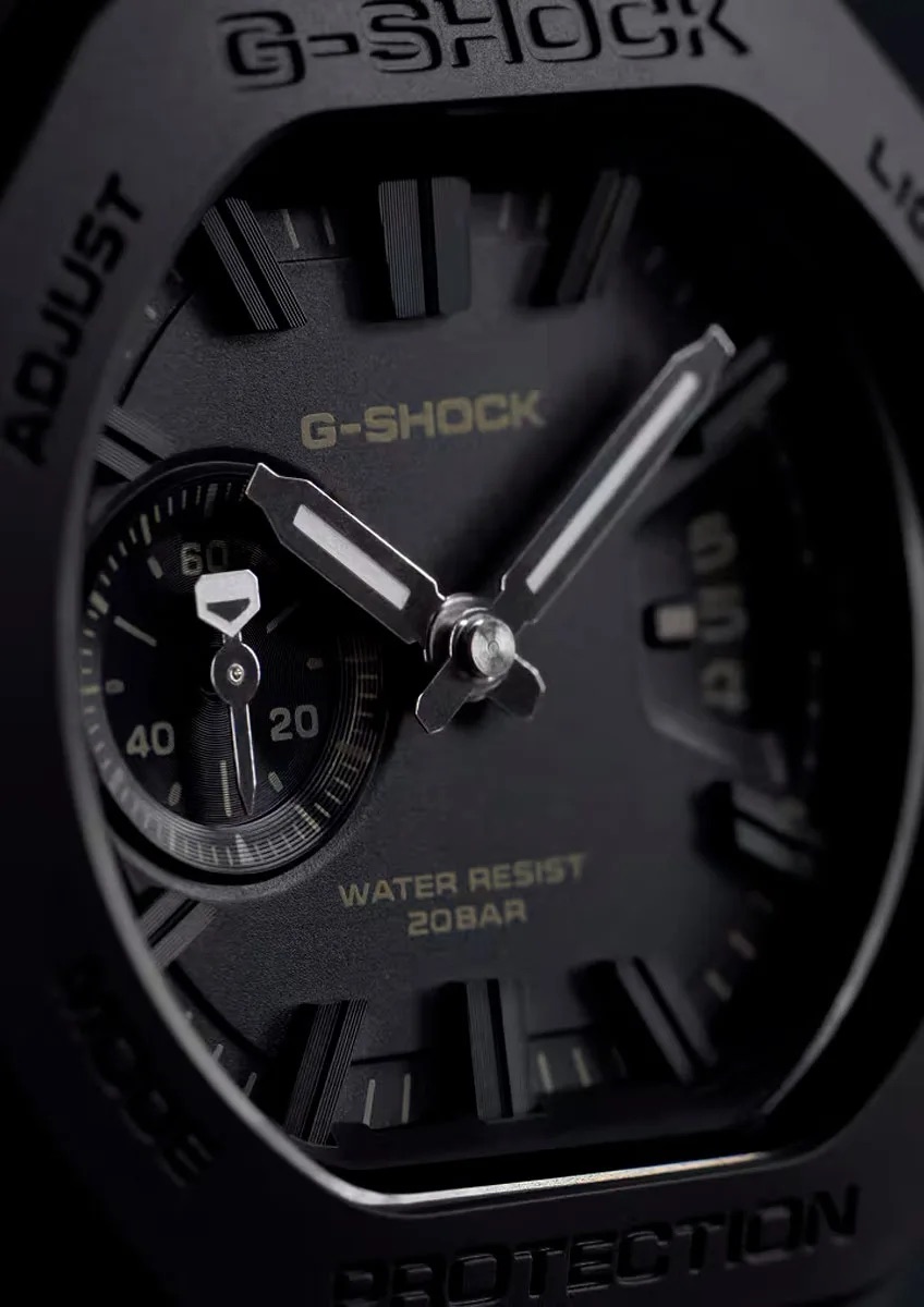 Close view of G-Shock 2500 analog hands, applied indices and small-seconds dial