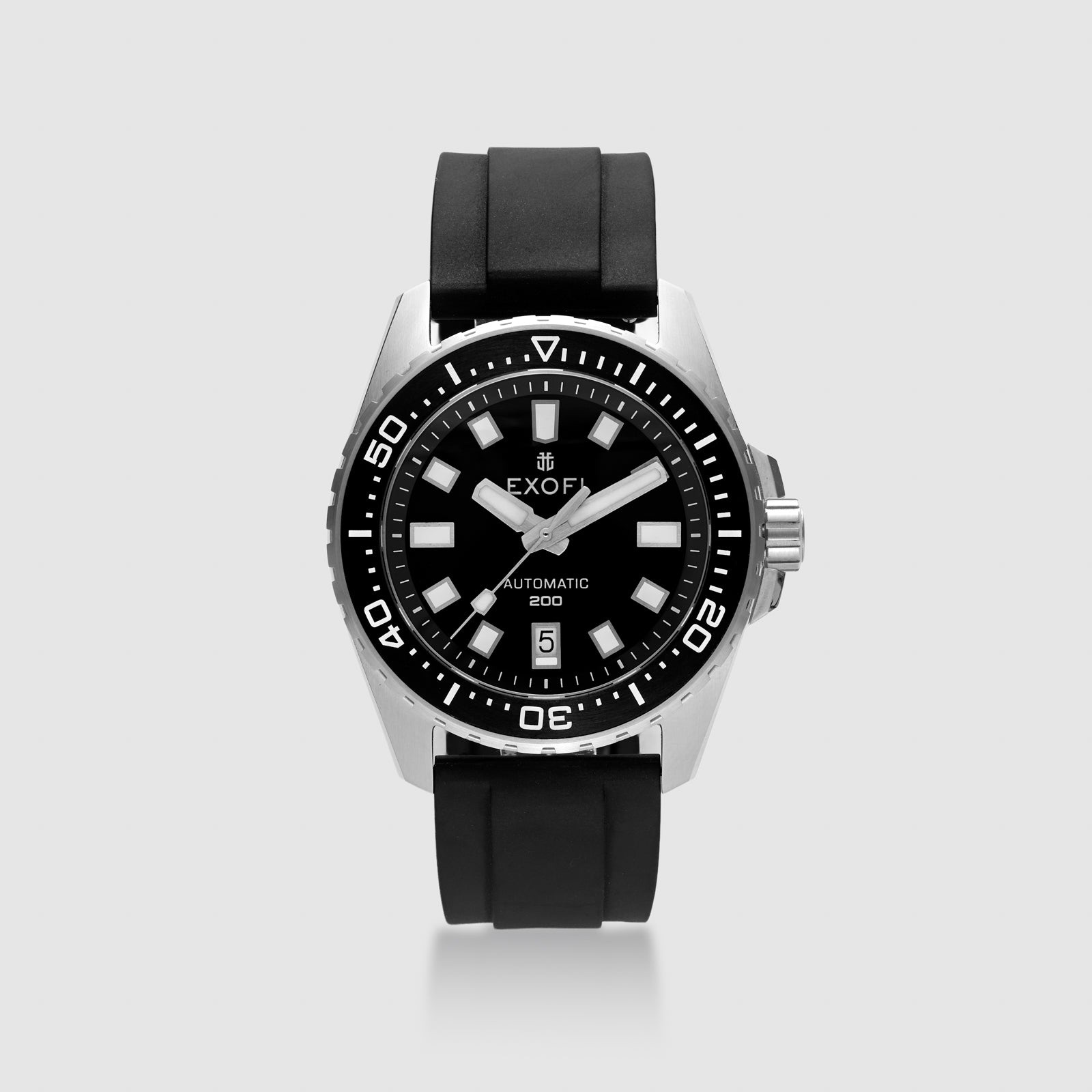 EXOFI Wolf Rock 42 with black dial, steel case and black rubber strap