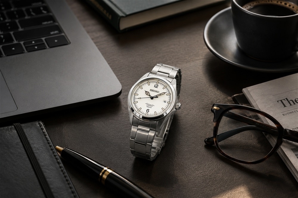 Seiko HZB002J on its steel bracelet on a desk beside coffee and glasses