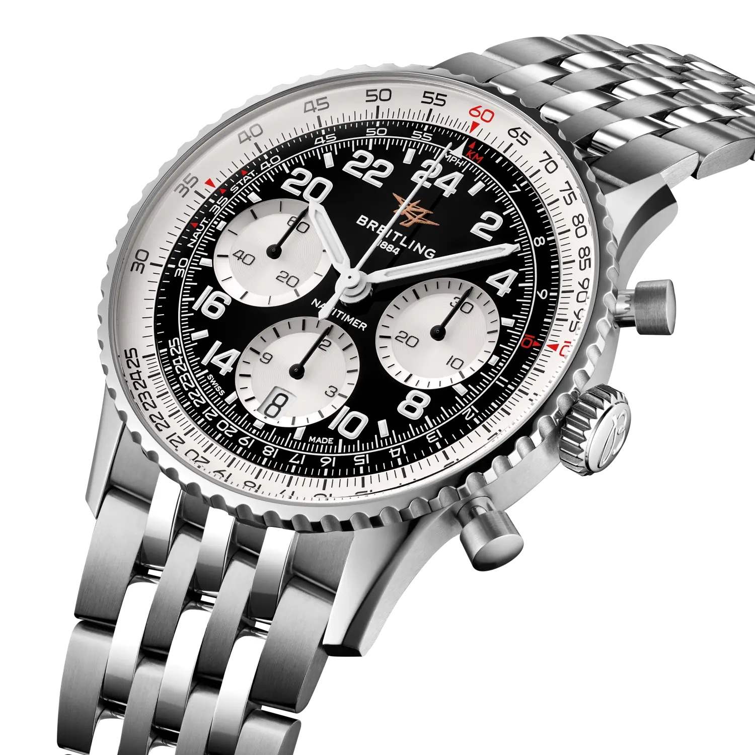 Three-quarter view of the black 24-hour Cosmonaute dial, case and seven-row steel bracelet