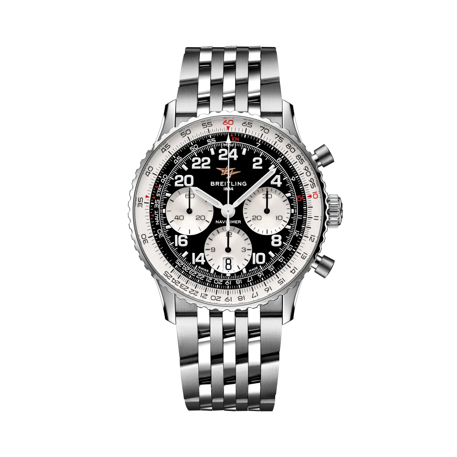 Front view of the Arabic-numeral 24-hour dial and steel bracelet