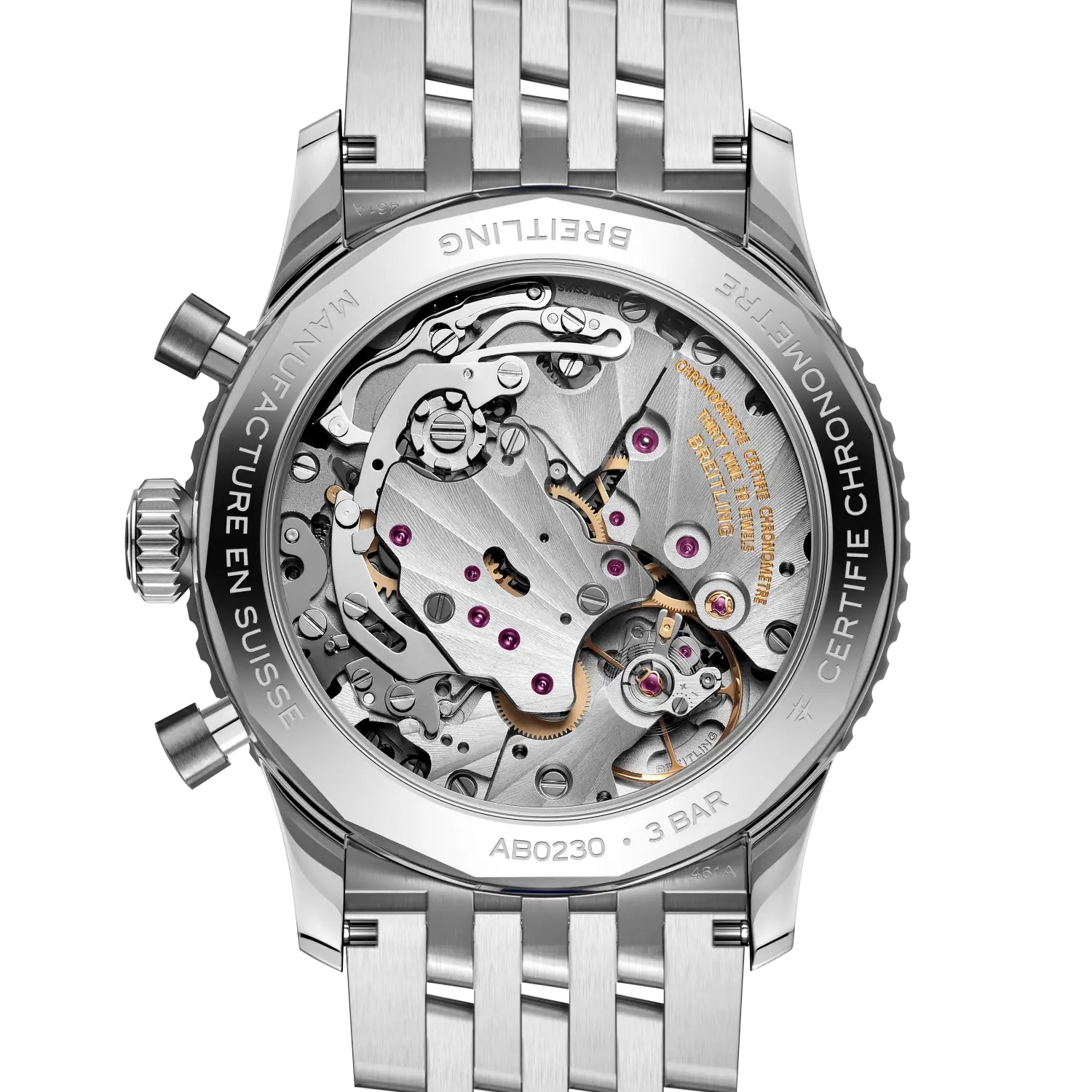 Sapphire display back showing the hand-wound Breitling B02 movement